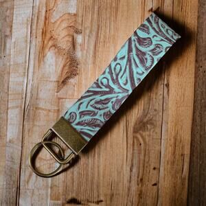 Handmade Keychain Leather Tooled Teal Turquoise Key Fob Keyring Western Floral